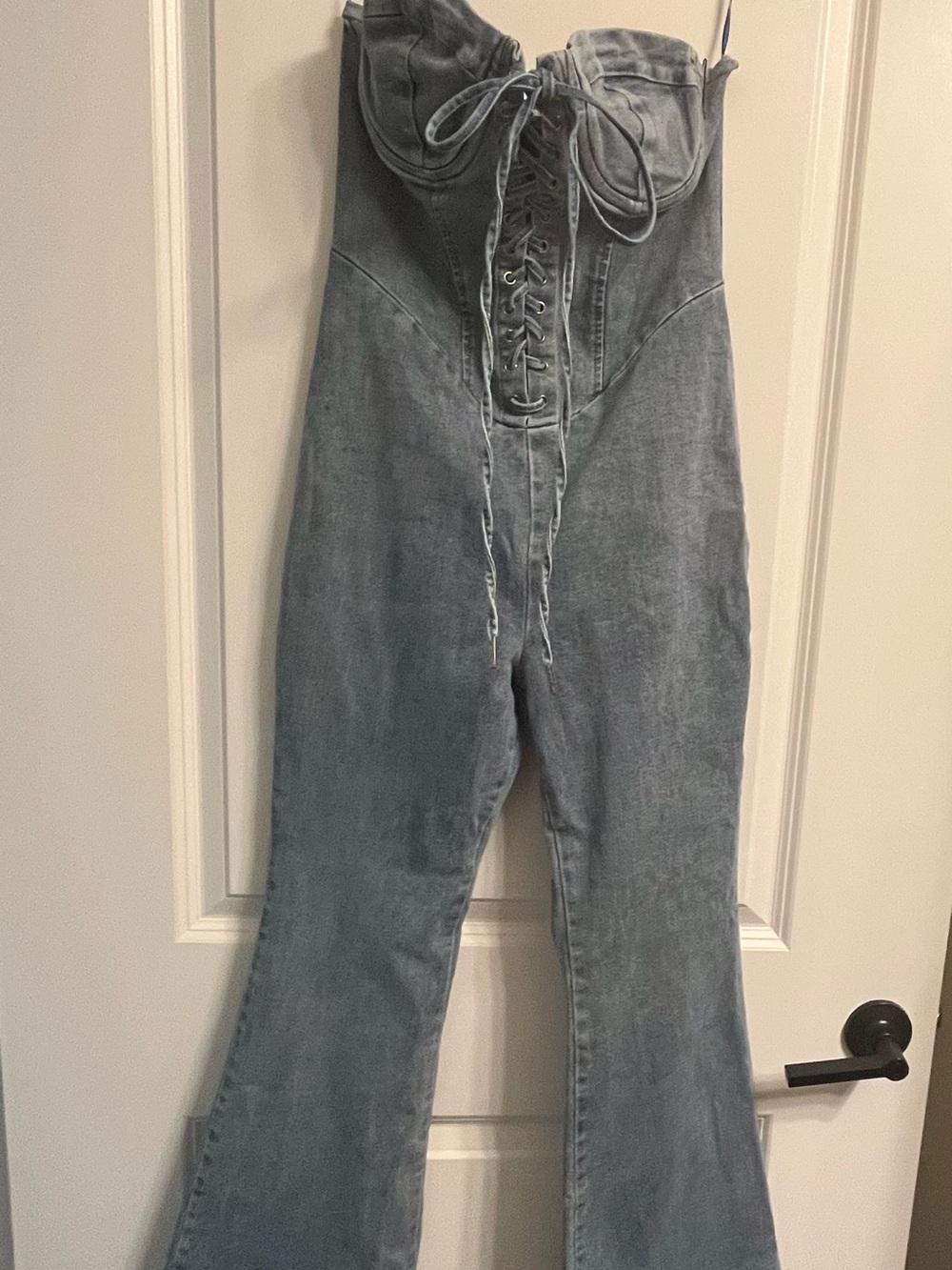 Fashion Nova                        Washed Blue Lace-Up Strapless Denim Jumpsuit